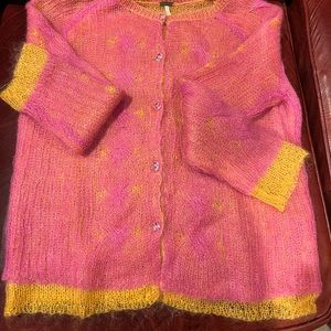 Beautiful Free People “new” Pink Sweater with Yellow detail; clear buttons.